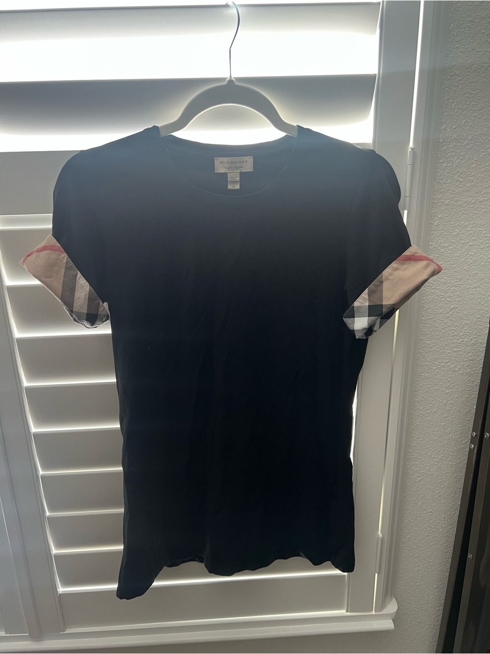 Burberry Black Tee with Signature Check Sleeve Cuffs